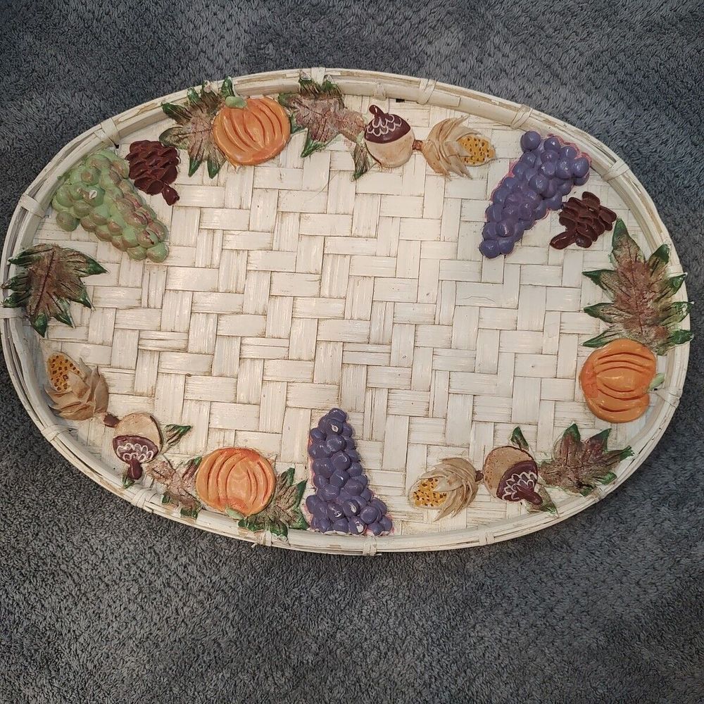 Vtg Woven Basket Platter Fall Fruit Pumpkins Clay Hand Painted Multi Use 14"x10"